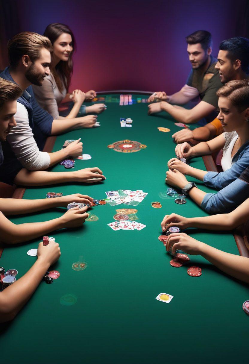 A vibrant scene of diverse players around a poker table, engaging in an intense game of Five Card Draw. The setting features a mix of casual and live play elements, with colorful chips and cards scattered across the table. Include expressions of excitement and strategy on their faces, illuminated by ambient soft lighting. In the background, hints of gaming technology and community elements such as chat bubbles and avatars add to the atmosphere. super-realistic. vibrant colors. 3D.