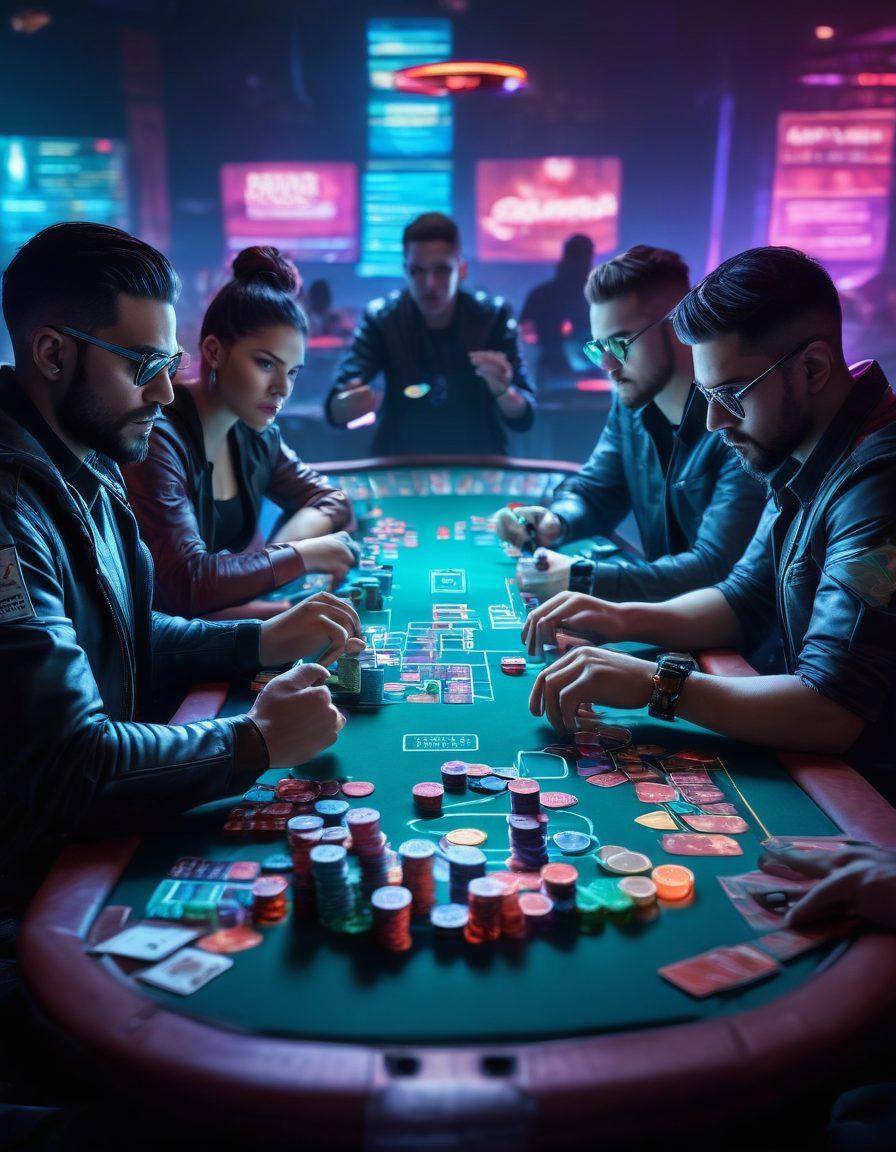 A dynamic scene featuring a group of diverse gamers intensely focused on a poker table, with colorful chips and cards spread out. The background shows a vibrant, neon-lit gaming arena, incorporating elements of strategy like graphs and charts subtly integrated into the environment. Emphasize the thrill of competition and camaraderie. super-realistic. vibrant colors. cyberpunk.