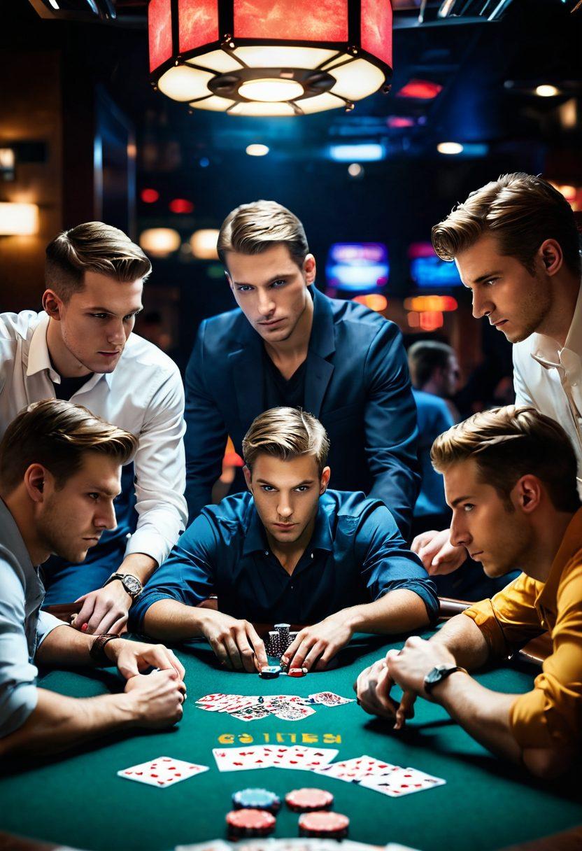 A dynamic scene showing a group of focused gamers gathered around a poker table, intensely playing Five Card Draw. Showcase a variety of expressions ranging from concentration to excitement, with colorful poker chips and cards spread across the table. Incorporate elements like strategy notes and a glowing scoreboard in the background, to highlight the competitive atmosphere. Include a warm, inviting light, emphasizing camaraderie and skill. super-realistic. vibrant colors. gaming environment.
